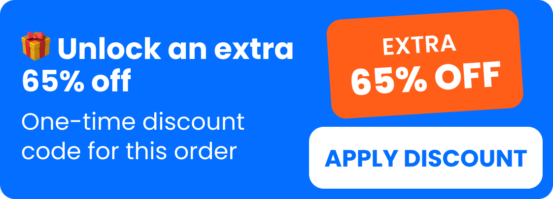 A blue promotional banner offering an extra 65% off with an 'Apply Discount' button.