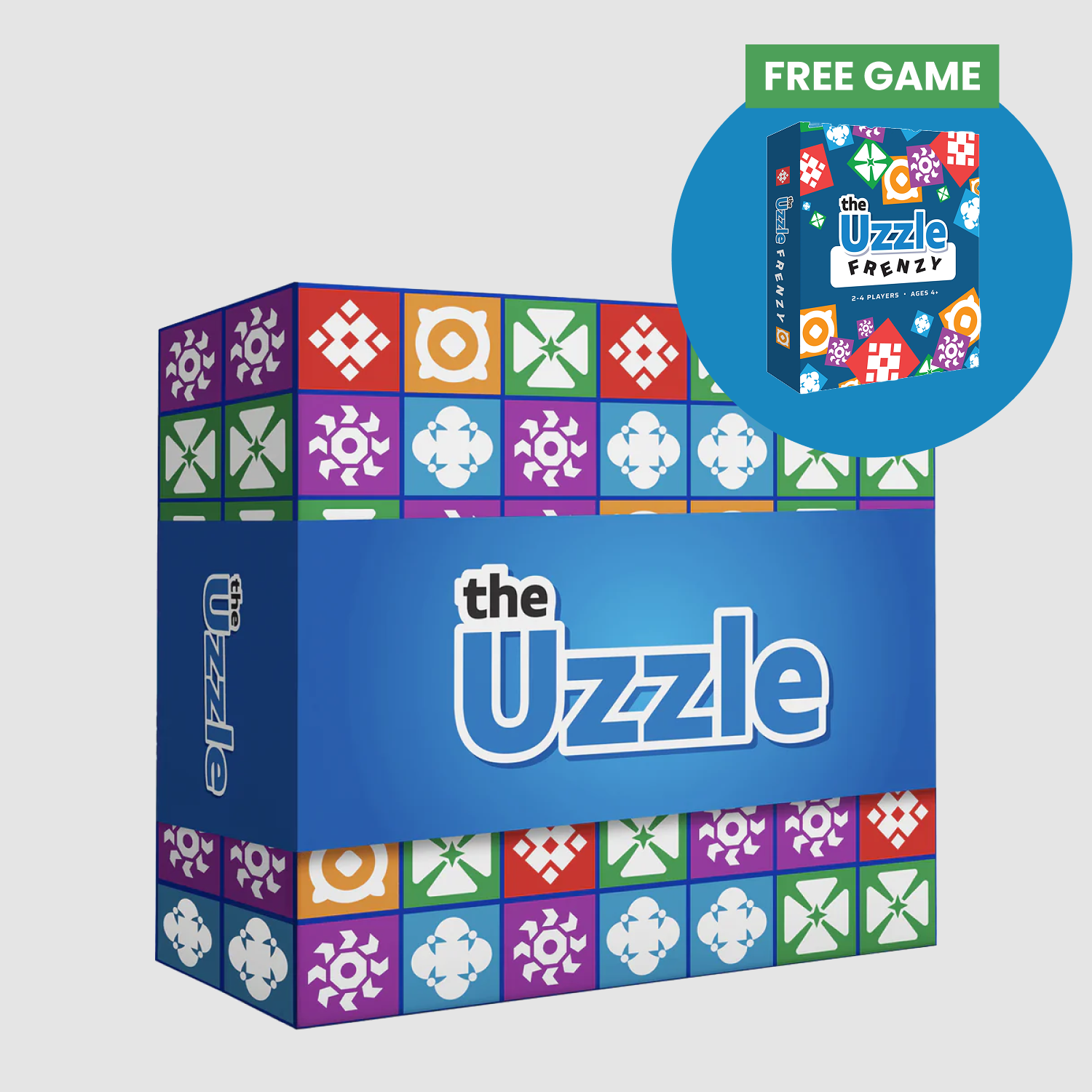 Colorful board game box with geometric patterns and 'the Uzzle' text.