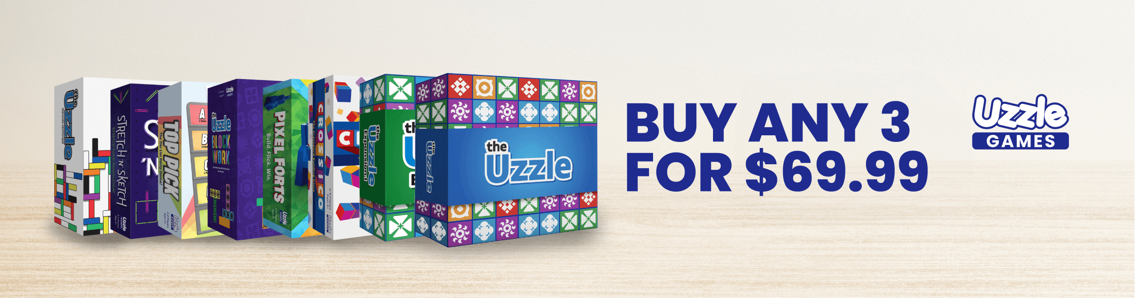 Seven colorful board game boxes with text: 'Buy any 3 for $69.99'.