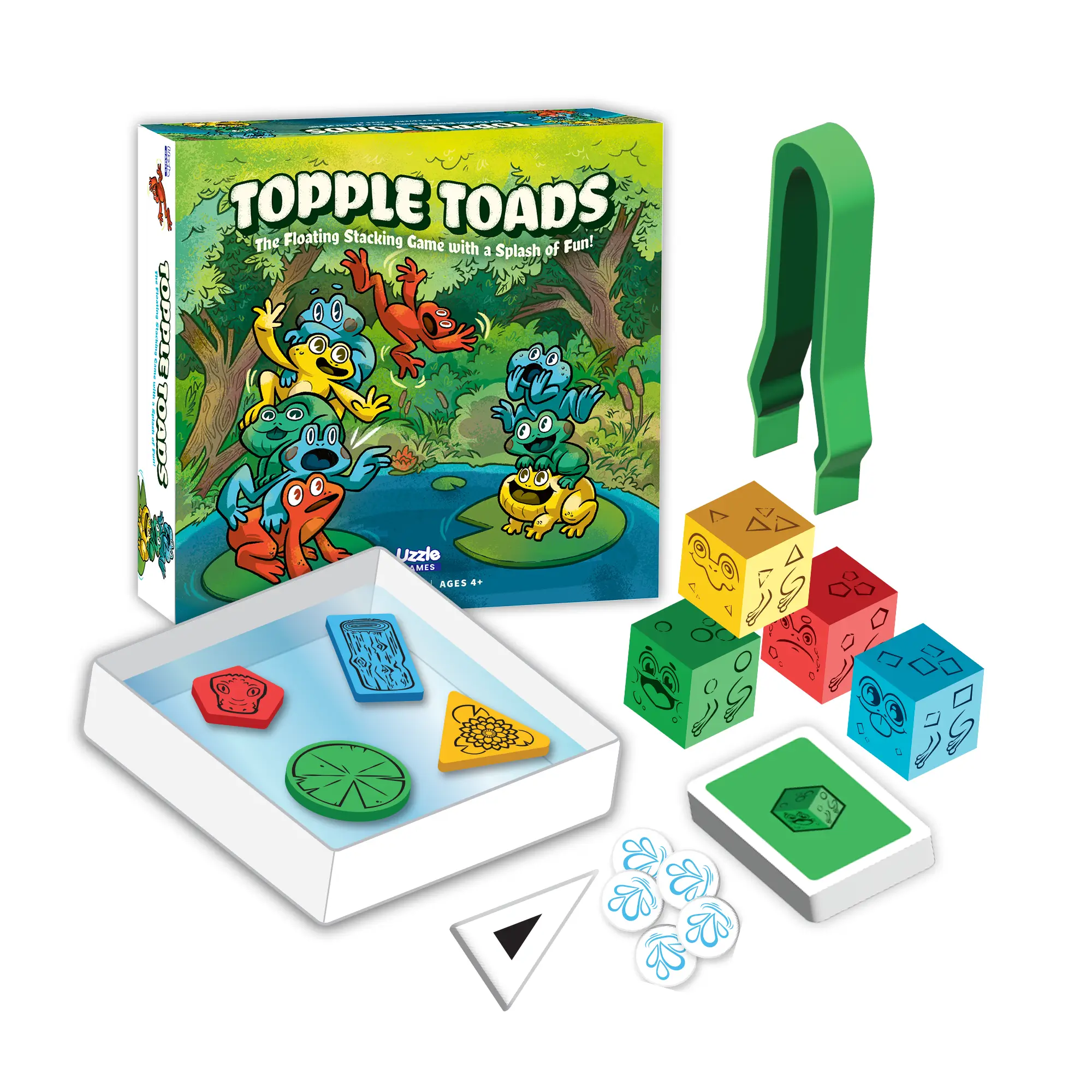 Topple Toads game box with colorful pieces and a green tool.