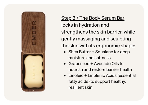 An Ember body serum bar in its wooden case next to text describing its benefits and ingredients.