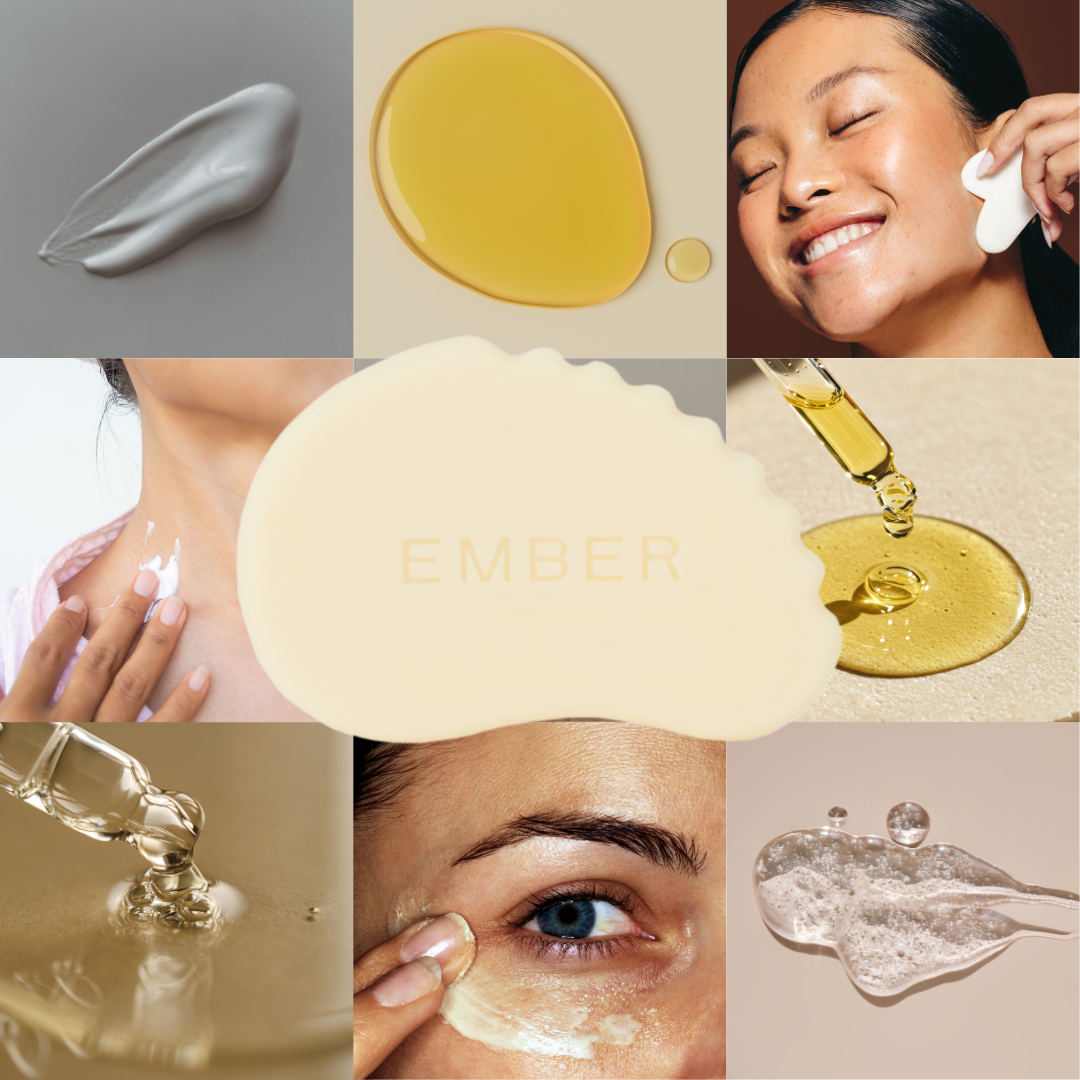 Collage of skincare products, application, and a smiling person using a facial tool.