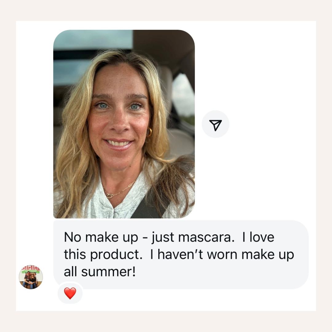 Woman smiling in a car with text about using mascara.