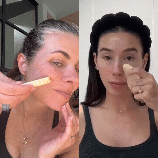 Women applying makeup foundation with sponges in a split-screen video.