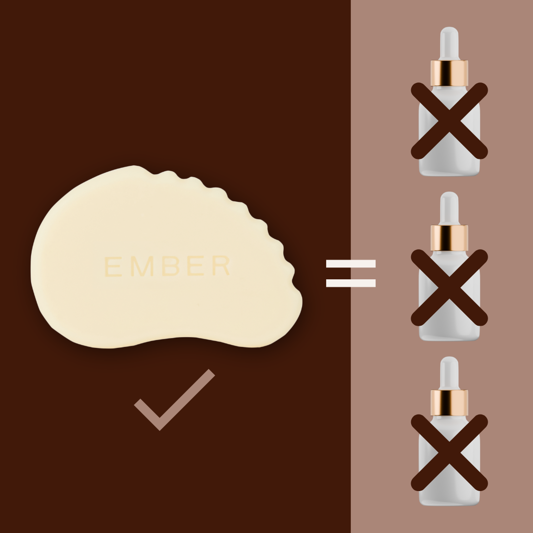 Ember-branded soap replacing two marked-out skincare bottles.