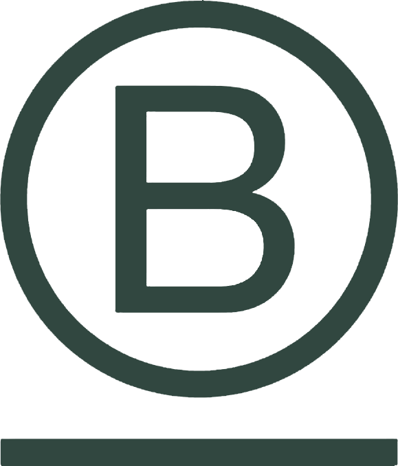 A dark green capital letter B inside of a circle, with a horizontal line underneath it.