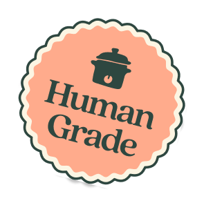 Badge with a pot icon and text 'Human Grade' on a peach background.