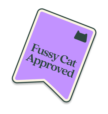 Purple badge with text 'Fussy Cat Approved' and a small cat silhouette.