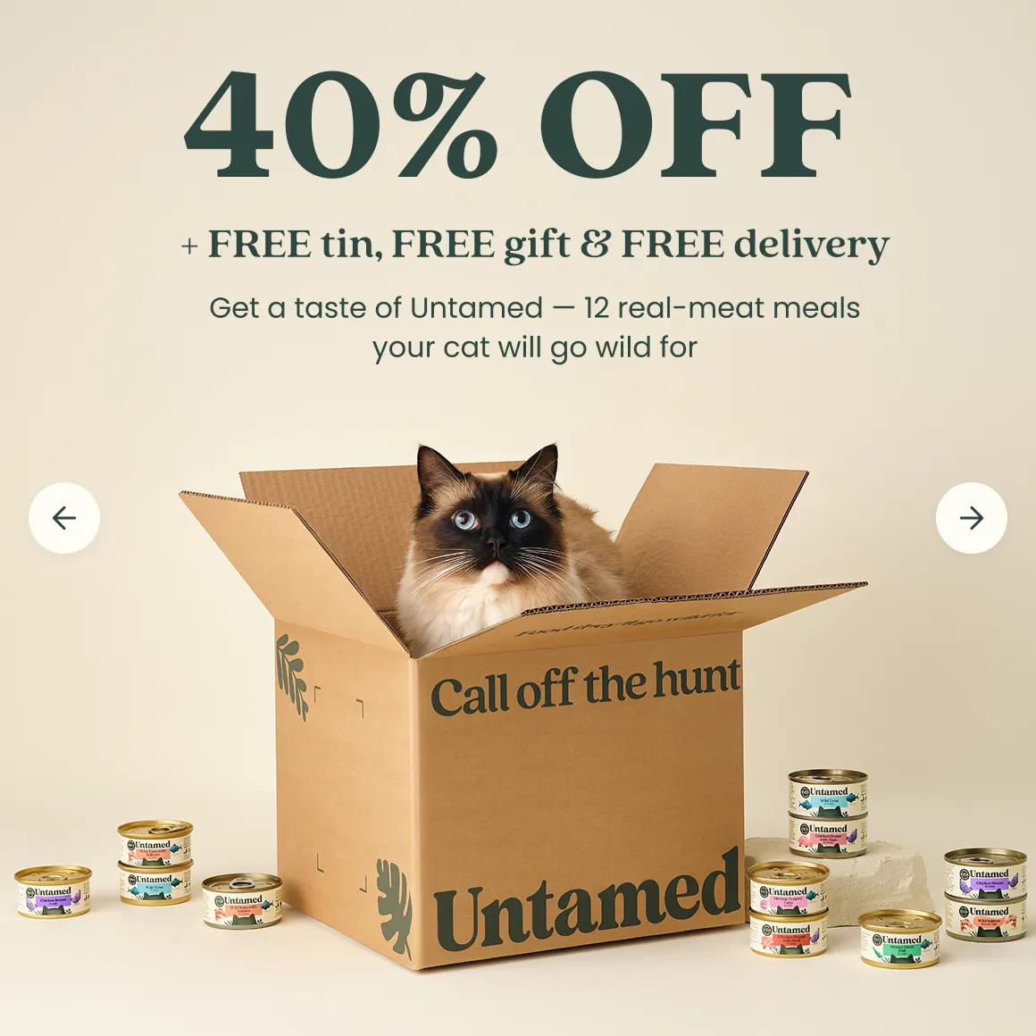 A fluffy cat with blue eyes sits in a cardboard box surrounded by cans of Untamed cat food.
