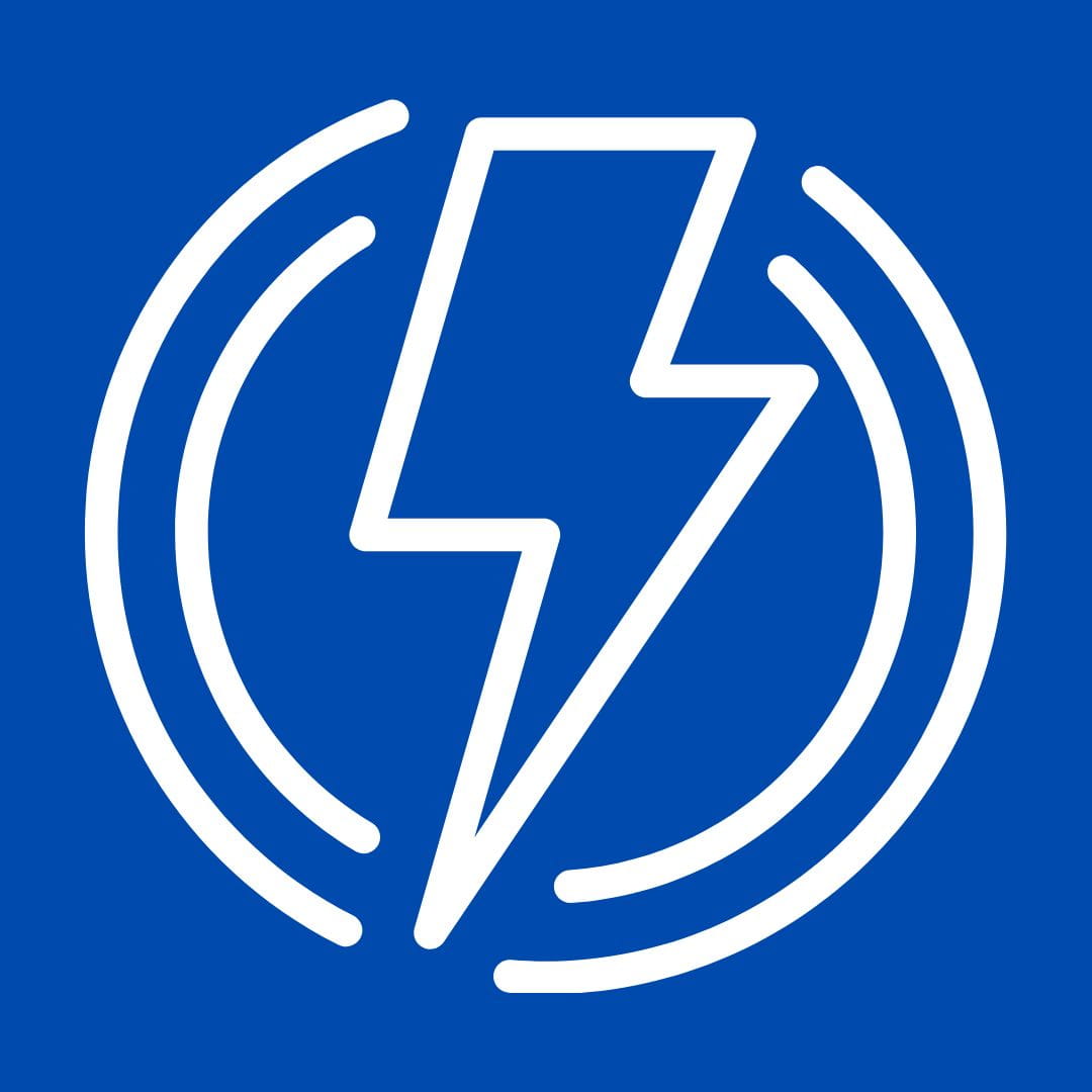 A white icon of a lightning bolt inside two concentric circles on a solid blue background.