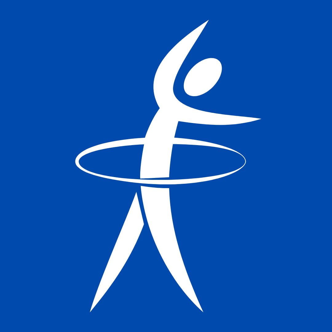 A white logo of a stylized person with a hula hoop on a blue background.