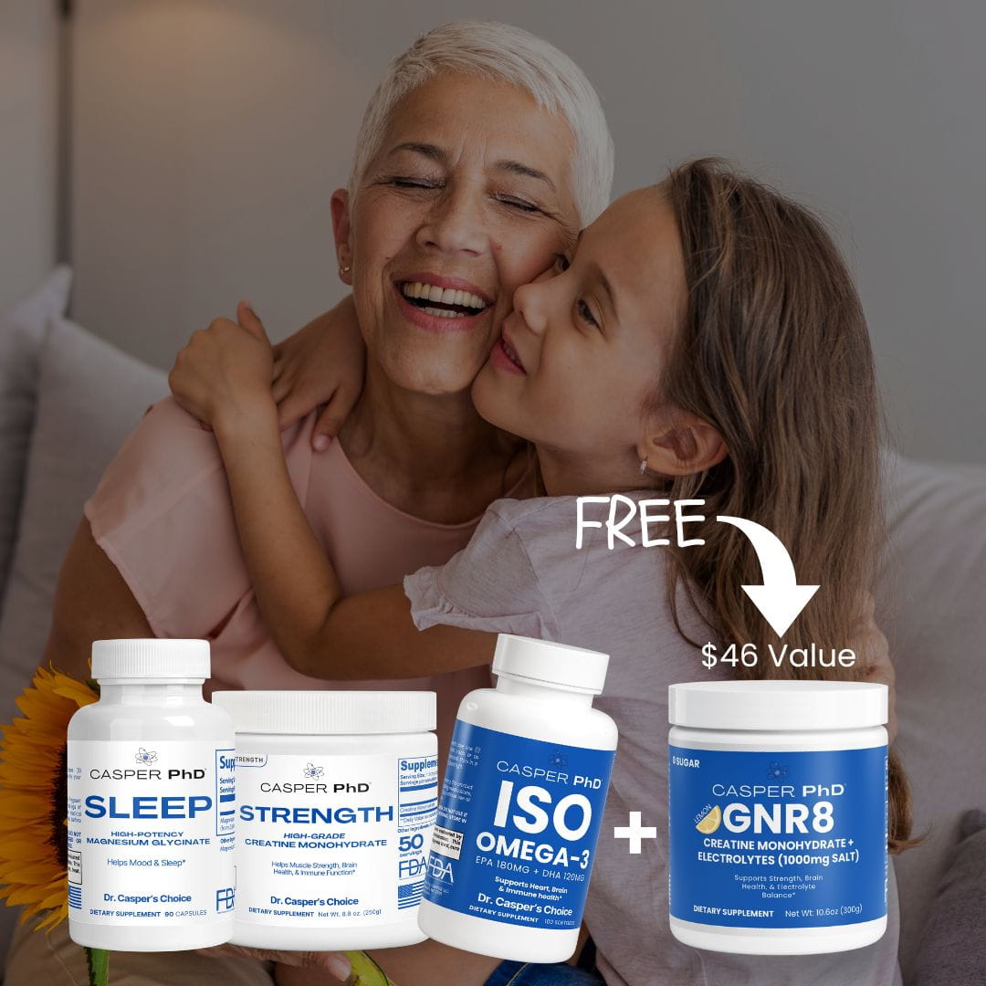 A happy grandmother and granddaughter hugging, with an arrangement of Casper PhD dietary supplements in the foreground.