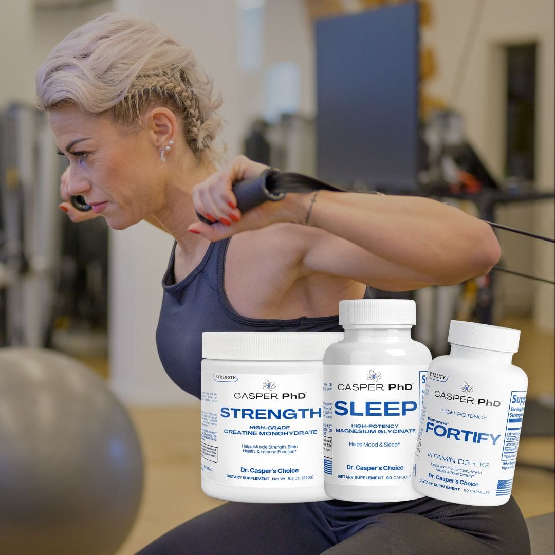 Person exercising with resistance bands, three supplement bottles in foreground.