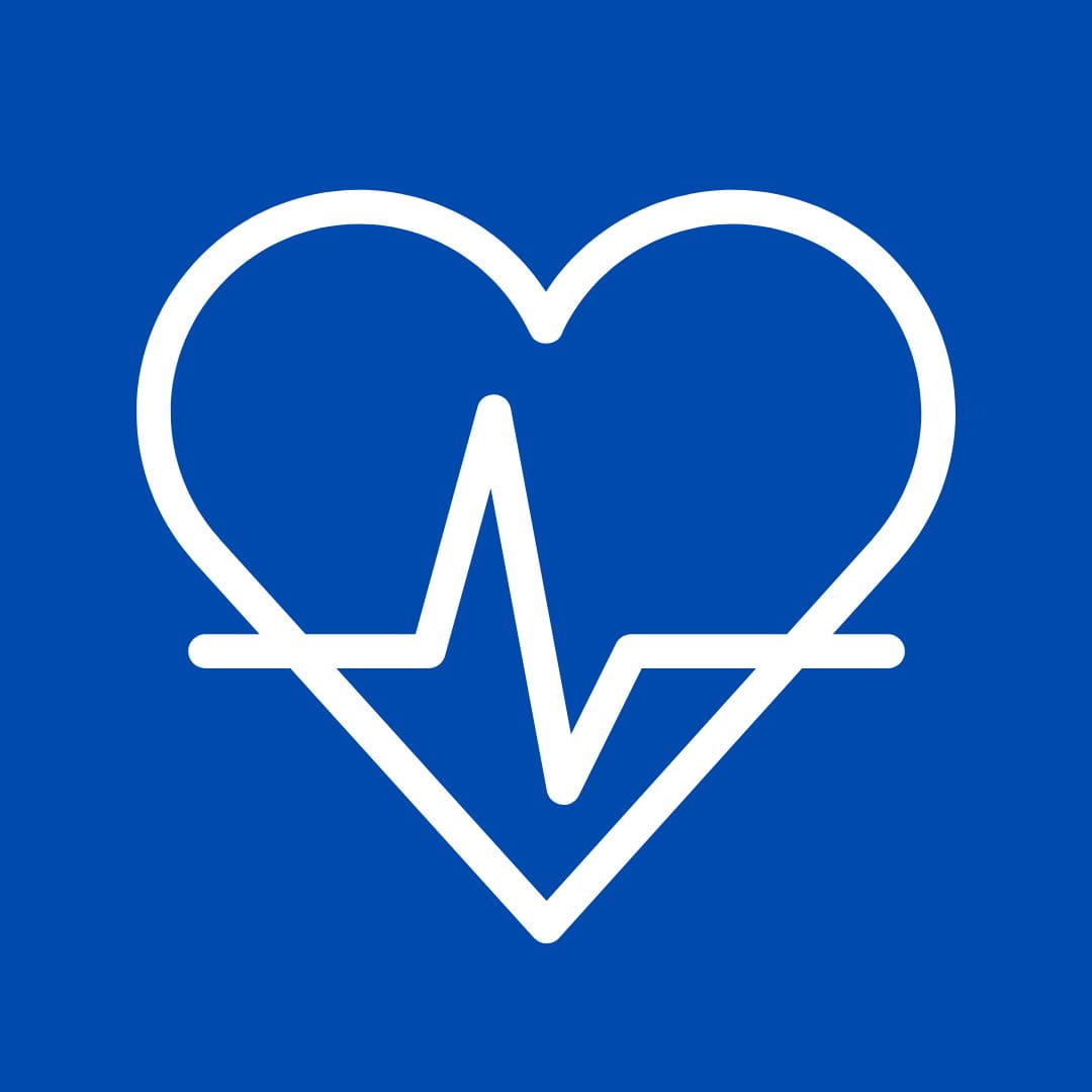 A white icon of a heart with a heartbeat line inside on a blue background.