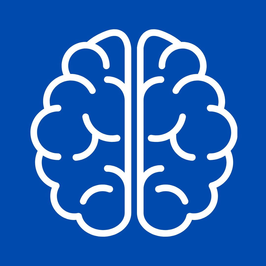 A white outline icon of a brain on a solid blue background.