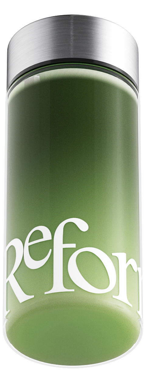 A glass jar with a green gradient substance and a brushed metal lid, with white text on it.