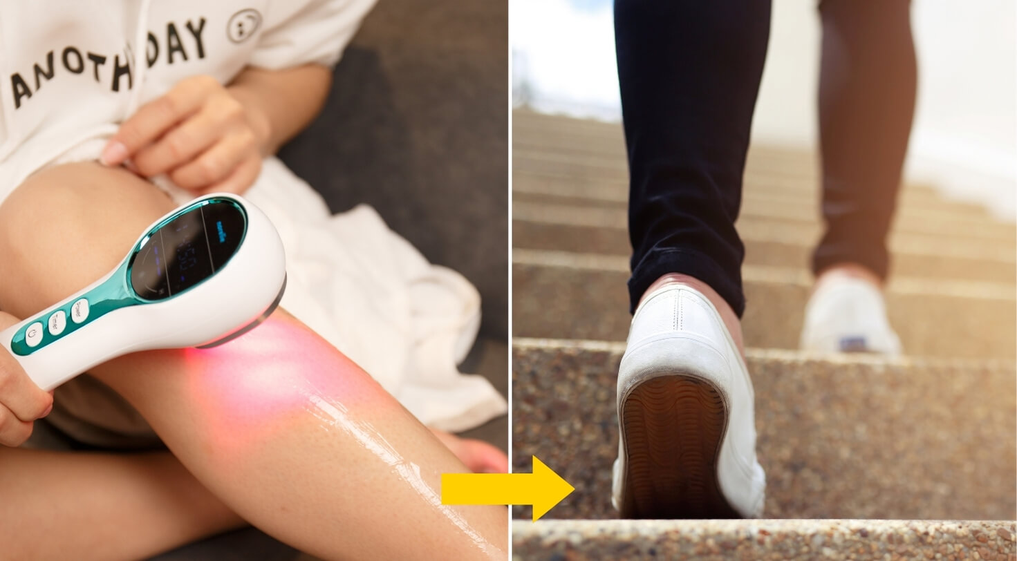 Person using a device on leg, then walking up stairs.