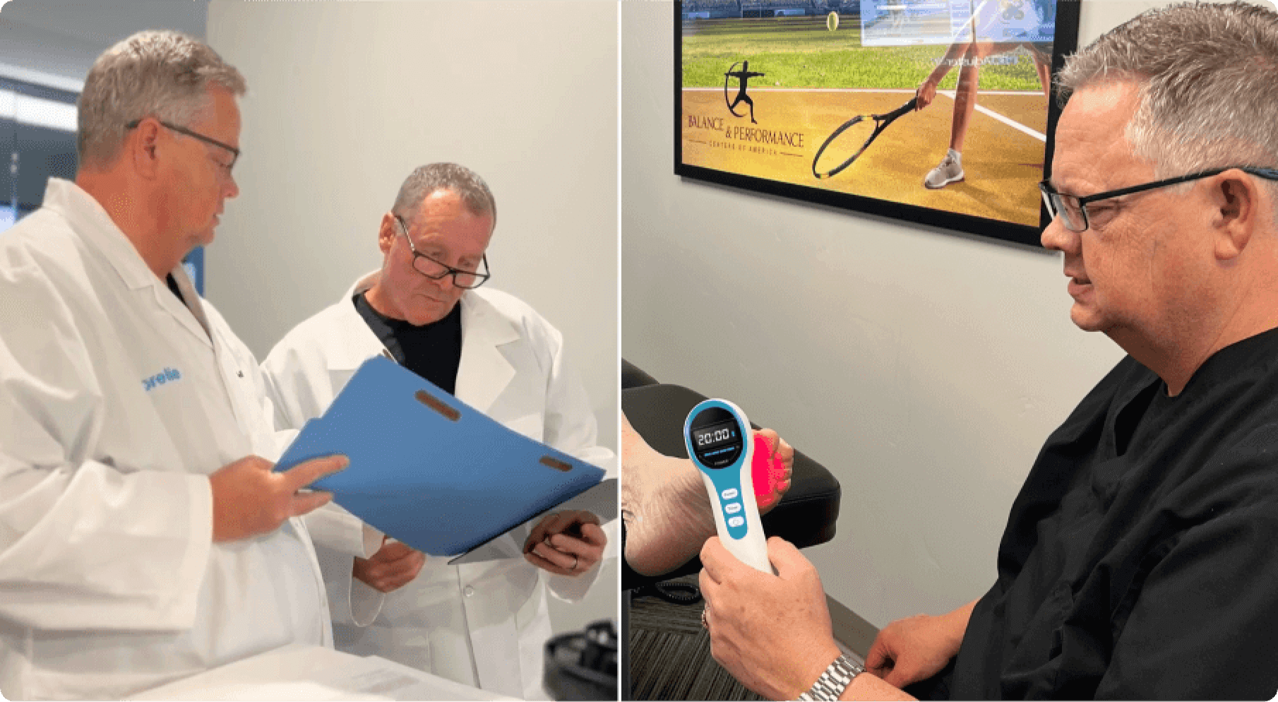 Two men in lab coats reviewing documents; another man using a handheld device on a foot.