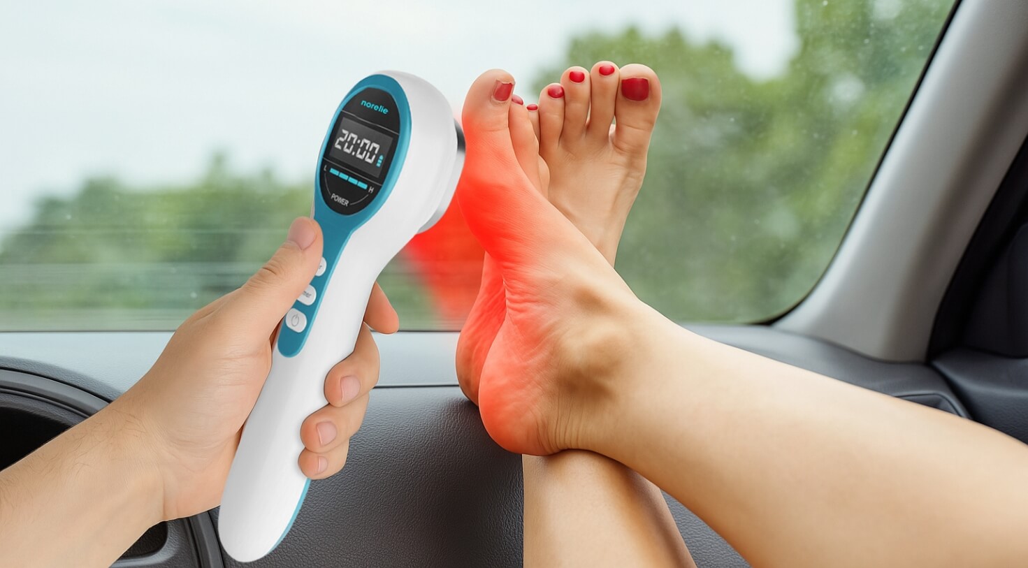 Hand holding a device near feet with red light, inside a car.