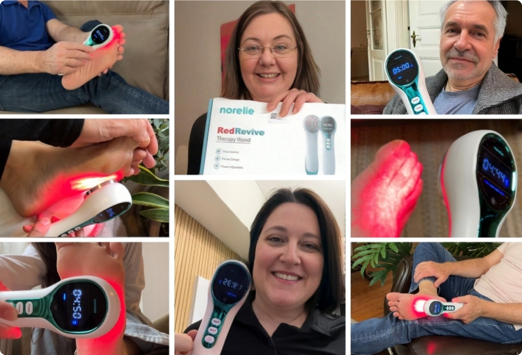 Collage of people using a handheld therapy device on feet, with glowing red light.
