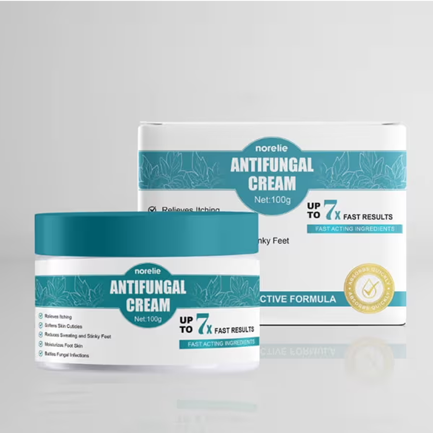 Antifungal cream jar and box with teal and white design on a plain background.
