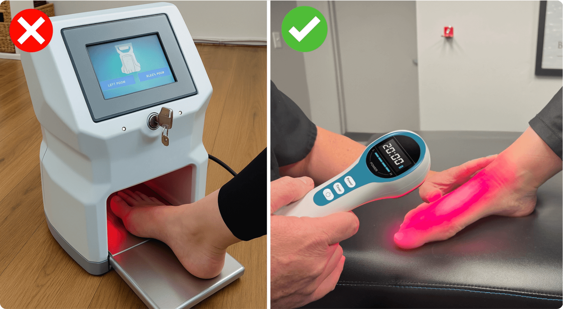 Comparison of two foot treatment devices, one with a red X and one with a green check.