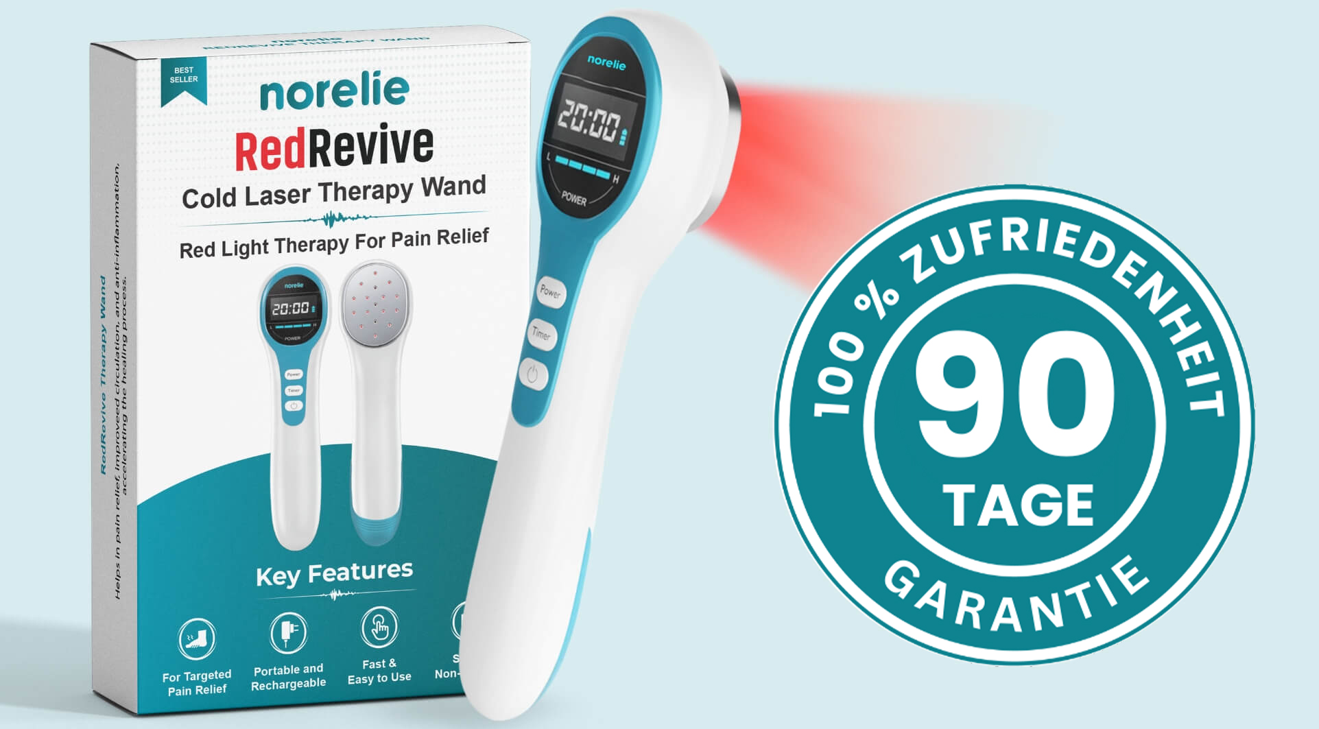 Cold laser therapy wand with packaging and 90-day satisfaction guarantee badge.