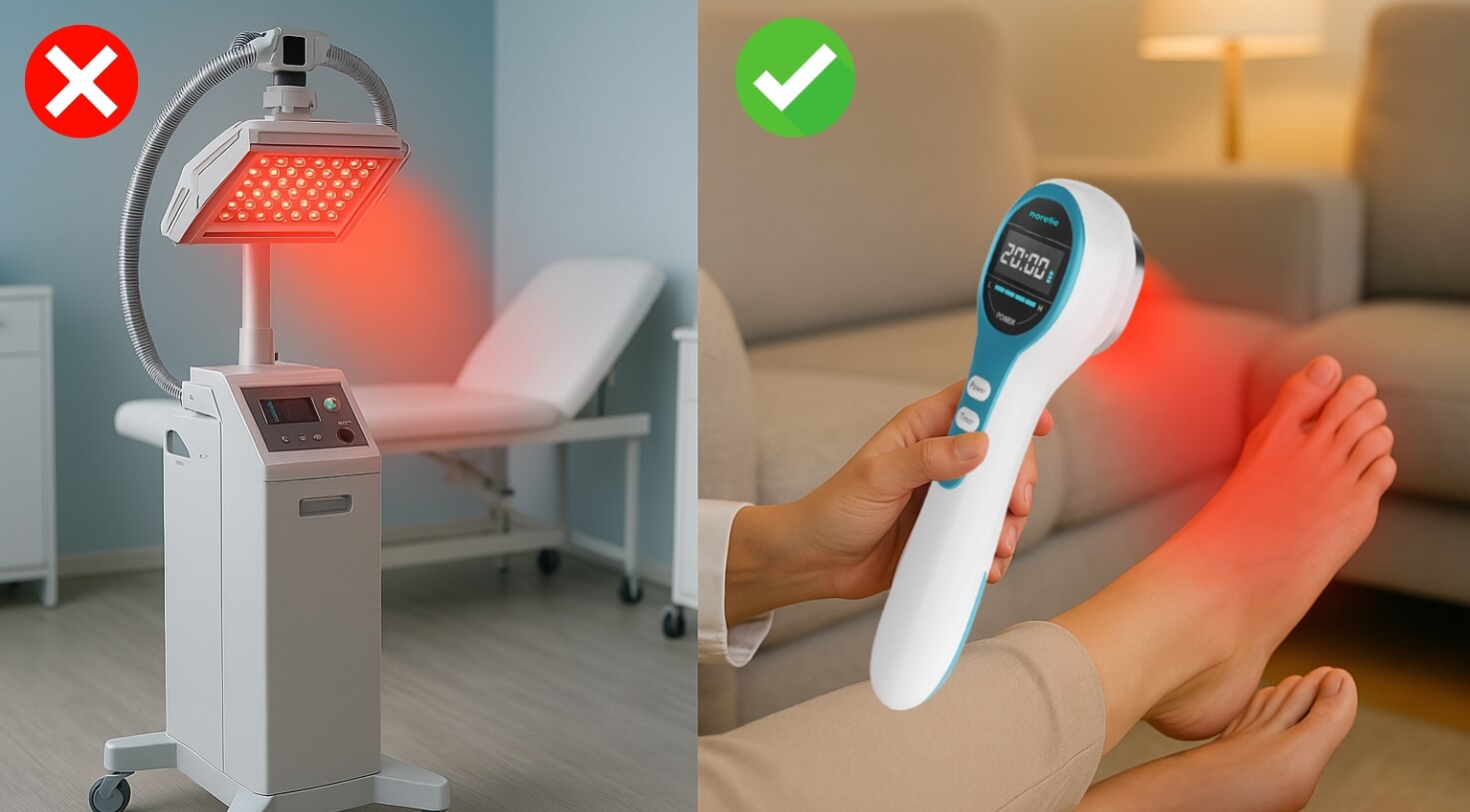 Comparison of a large red light therapy device and a handheld one used on a foot.
