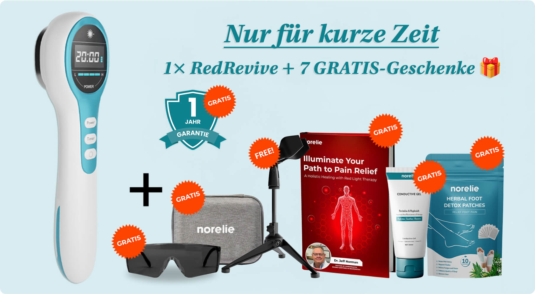 Promotional image of a device, book, and various products with 'GRATIS' labels.