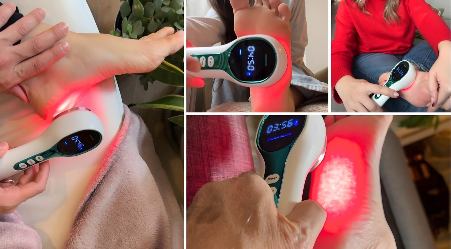 Collage of people using a red light therapy device on feet.