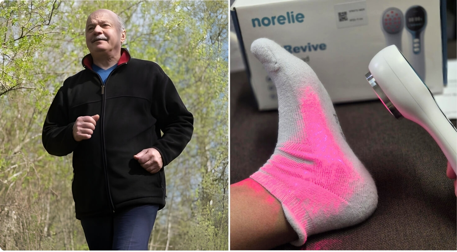 Man jogging outdoors; foot with pink light therapy device.