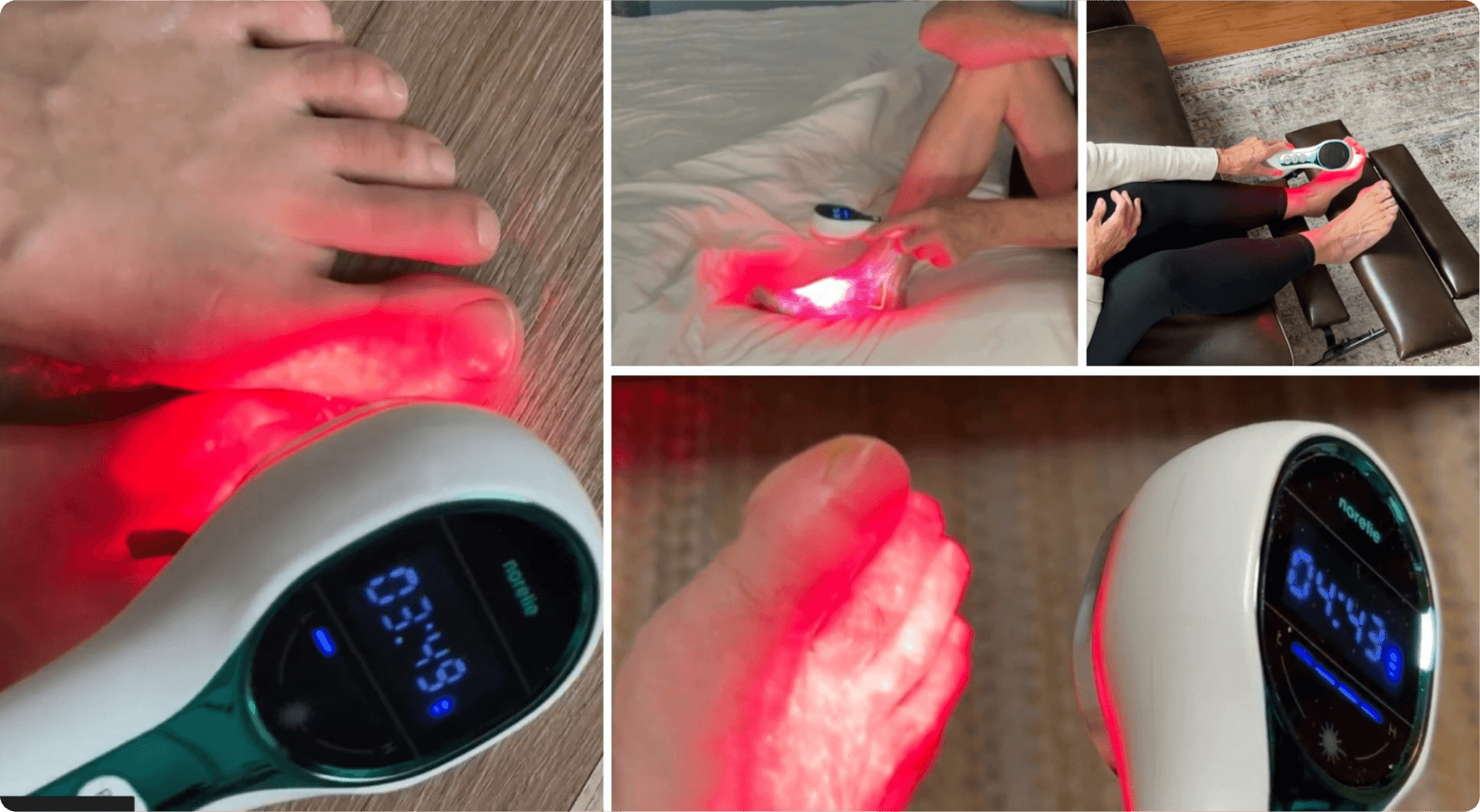 Collage of feet receiving red light therapy with a handheld device.