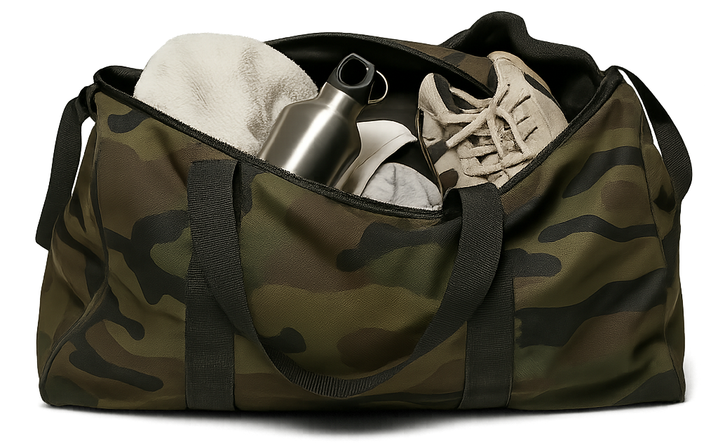 Camouflage duffle bag containing shoes, towel, and a water bottle.