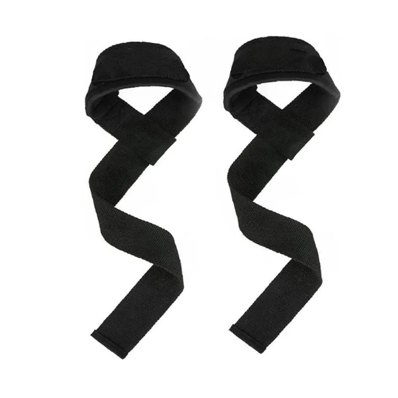 A pair of black, fabric weightlifting straps with padded wrist loops, shown on a white background.