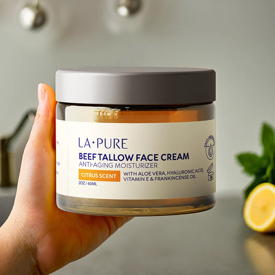 Before and after comparison of skin with face cream packaging.