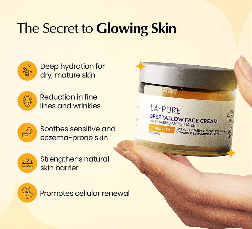 Hand holding a jar of La Pure face cream with benefits listed.