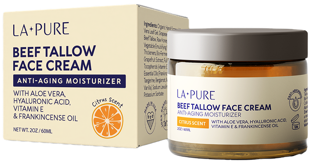 Beef tallow face cream jar and box with citrus scent label.
