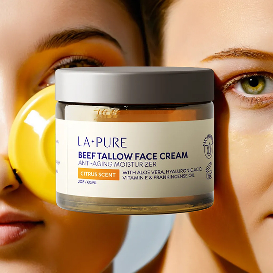 Jar of LA PURE face cream with two faces in the background.