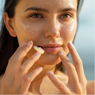 Person applying cream to their face outdoors.