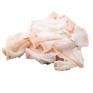 Thin slices of white cured meat with herbs on a white background.