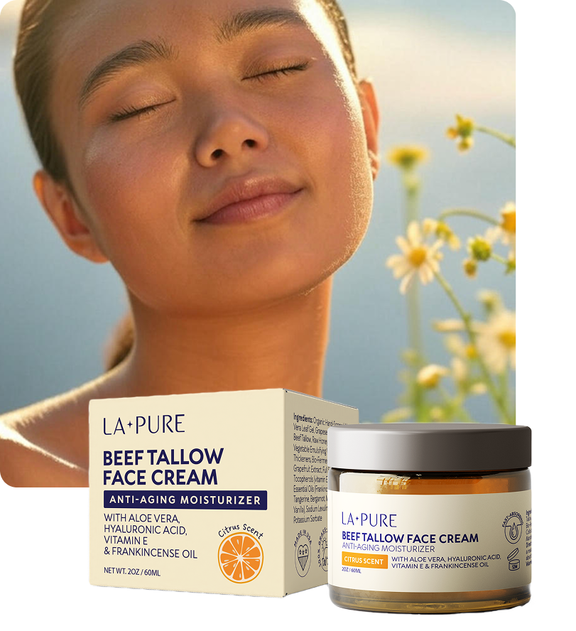 Woman with closed eyes next to La Pure face cream packaging.