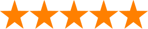 Five orange stars in a row on a transparent background.