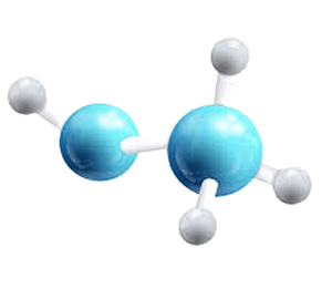 3D model of a simple molecule with blue and white spheres.