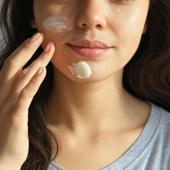 Person applying cream to their face with fingers.