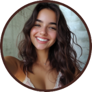 Smiling person with long hair in a circular frame.
