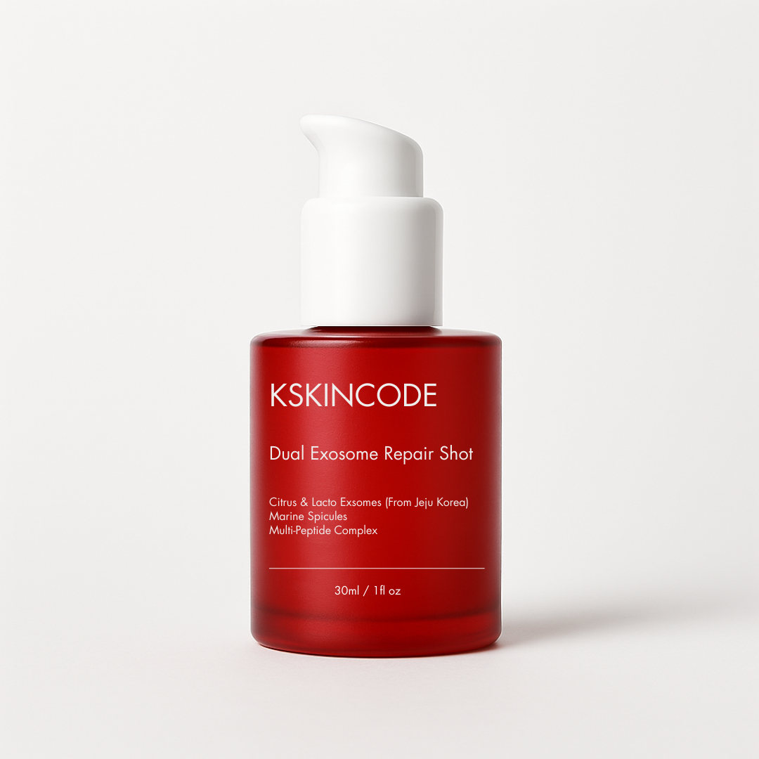 Red bottle of KSKINCODE Dual Exosome Repair Shot with white pump.