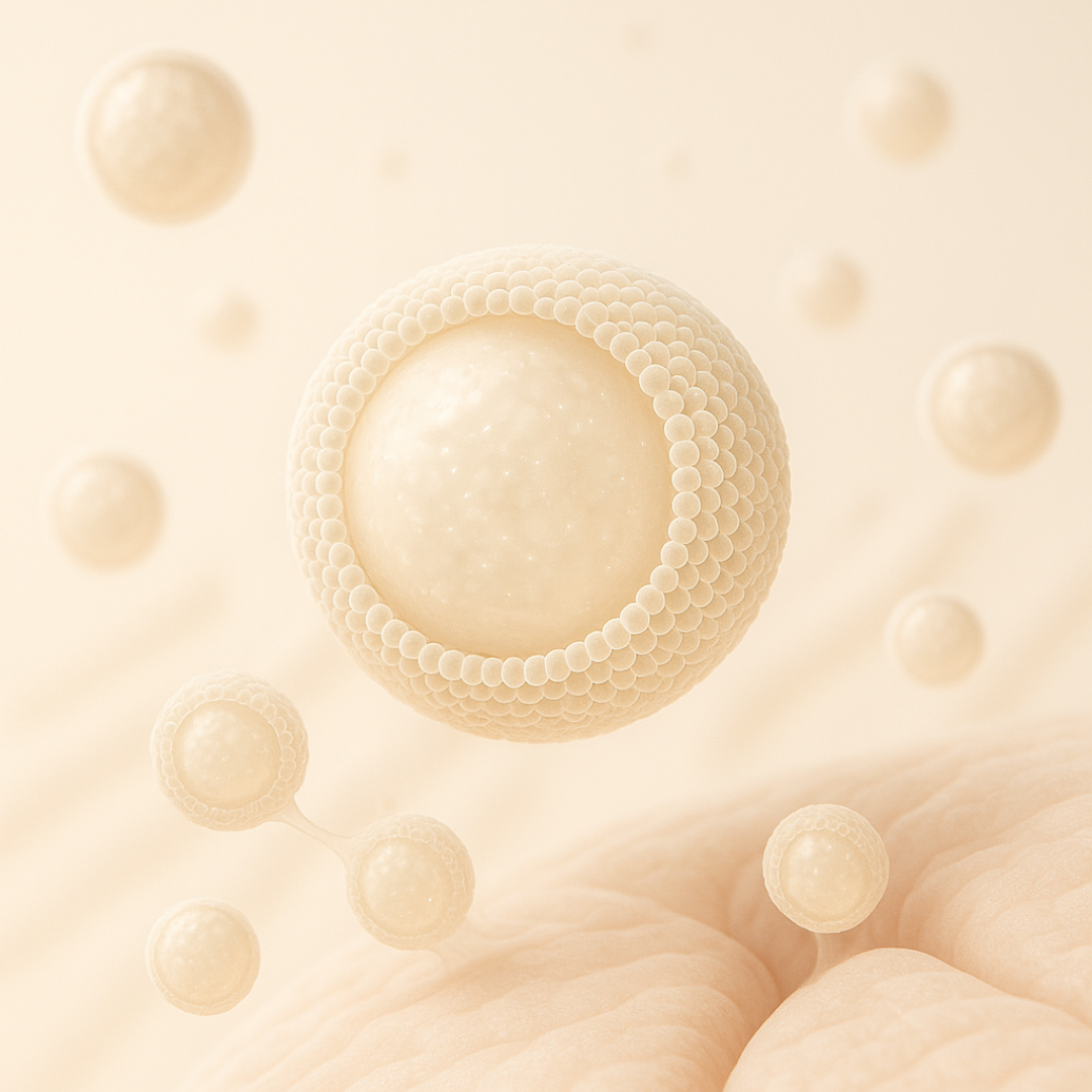 Abstract image of beige spheres with textured surfaces floating in a soft background.