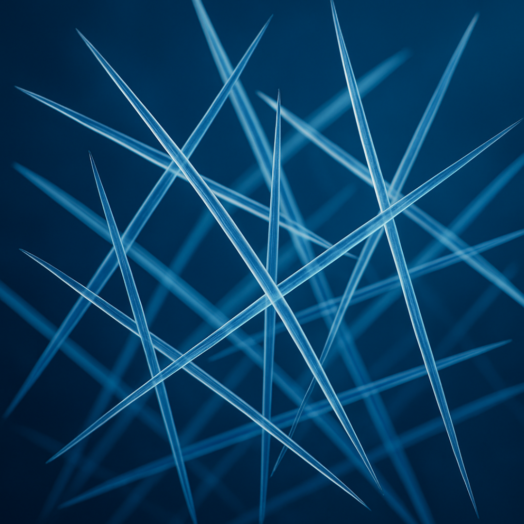 Abstract image of intersecting blue spikes on a dark background.
