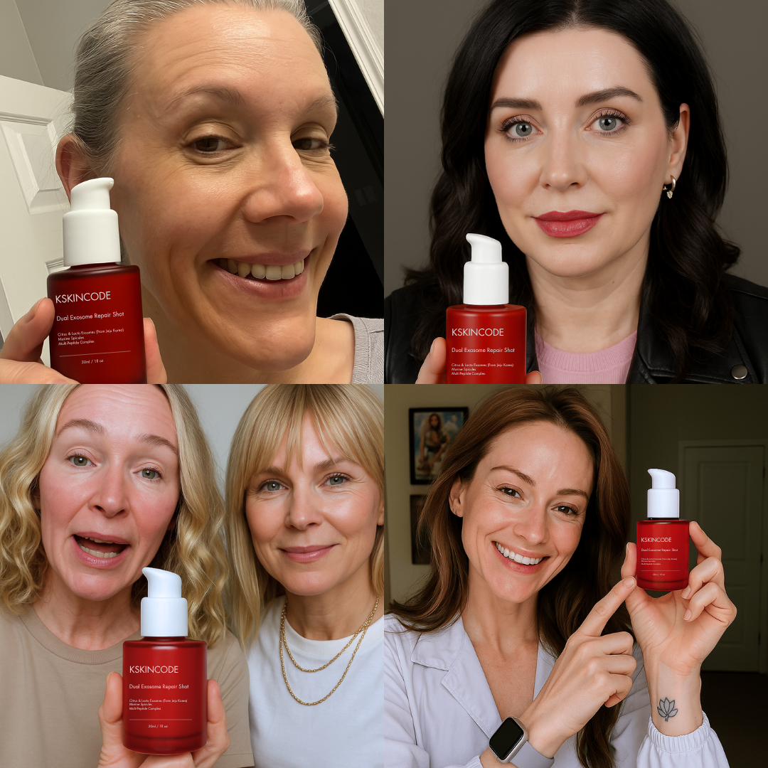 Collage of four women holding a red skincare product bottle labeled 'KSKINCODE Dual Essence Repair Shot.'