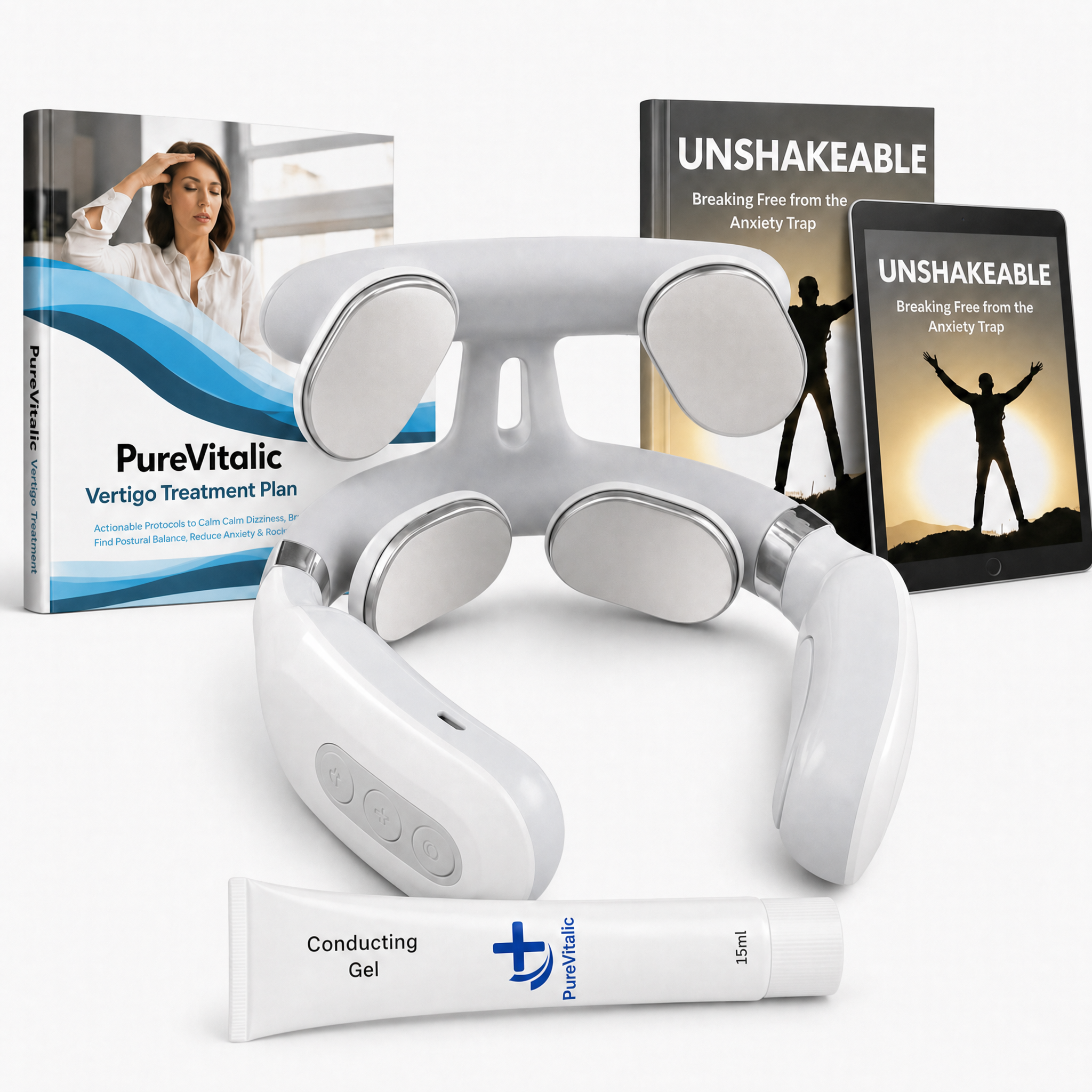 A PureVitalic vertigo treatment kit including a neck device, conducting gel, and books on vertigo and anxiety.